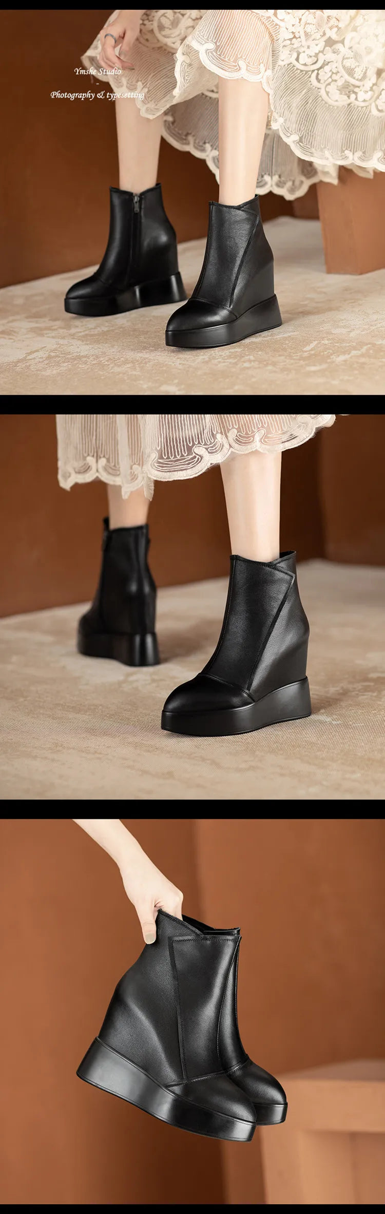 MKKHOU Genuine Leather Pointed Toe Wedge Boots