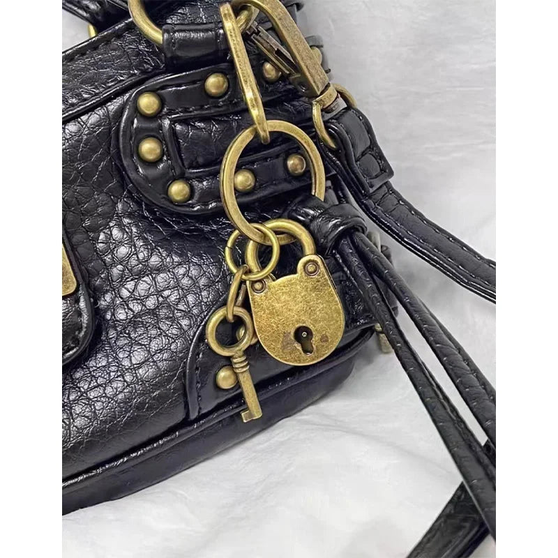 Y2K Motorcycle Handbag – Retro Leopard Print Distressed PU Leather Bag for Women