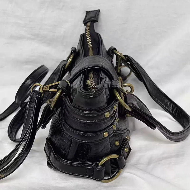 Y2K Motorcycle Handbag – Retro Leopard Print Distressed PU Leather Bag for Women