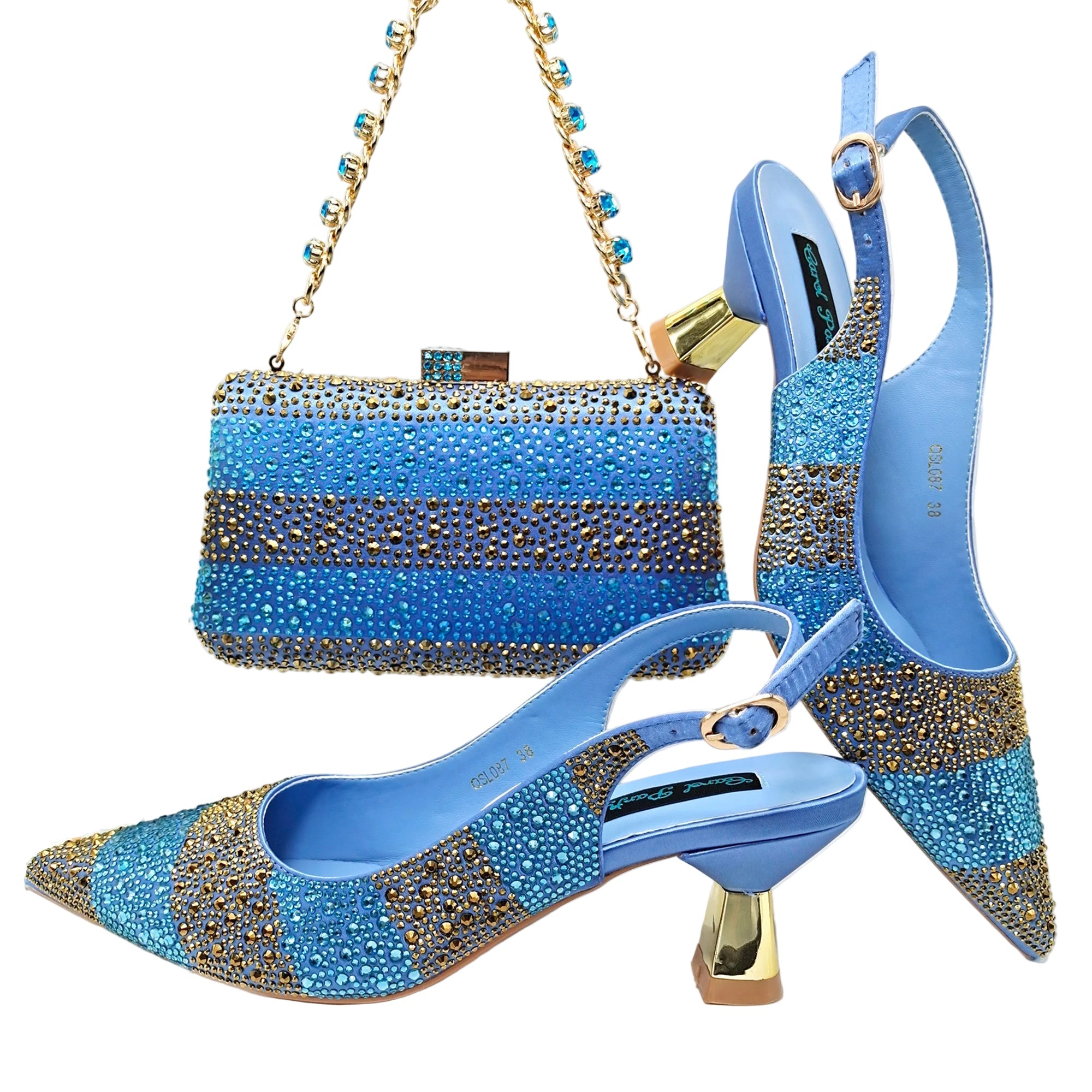 Blue high-heeled shoes and matching handbag with gold accents on a white background