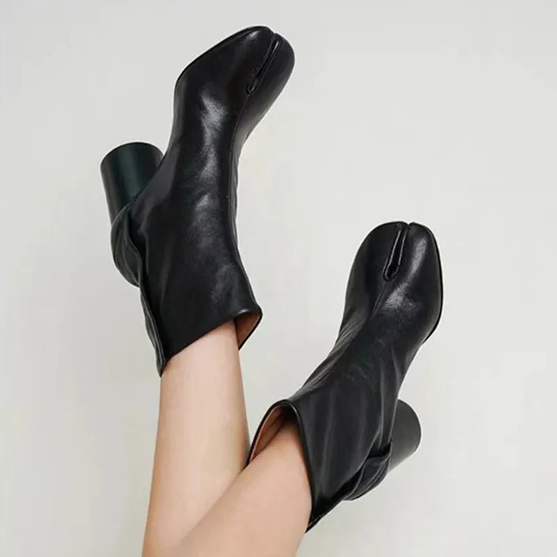Women’s Split-Toe Tabi Ankle Boots – Chunky High Heel Chelsea Short Booties