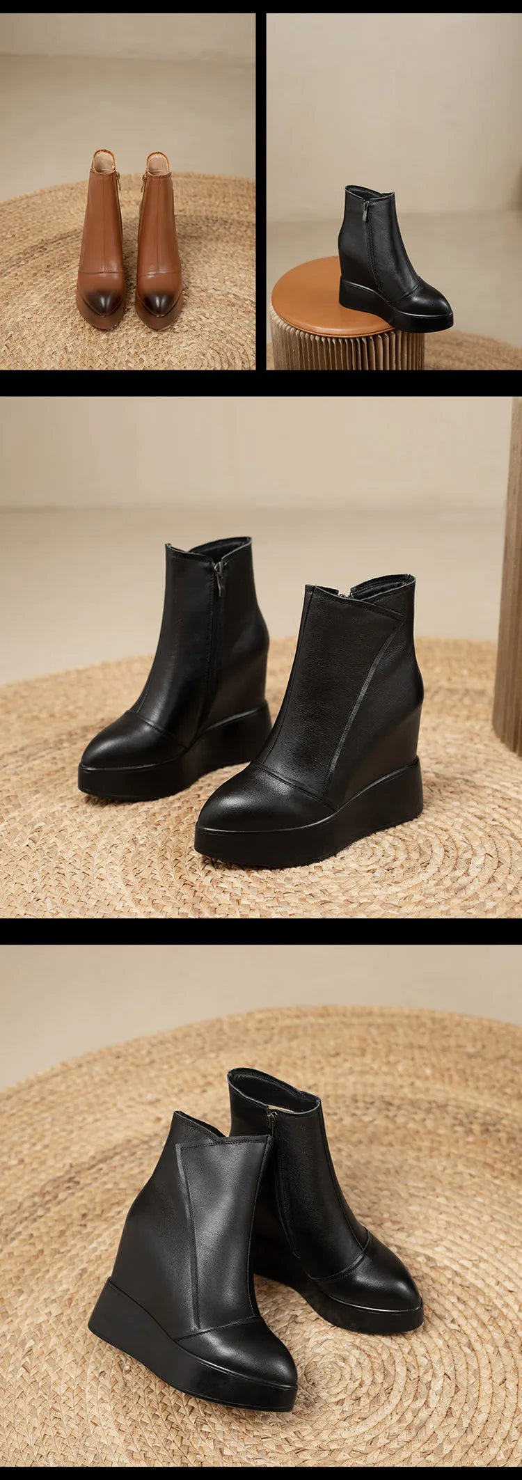 MKKHOU Genuine Leather Pointed Toe Wedge Boots