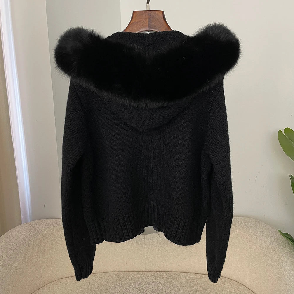 Real Fox Fur Hooded Sweater – Loose Knit Zipper Cardigan