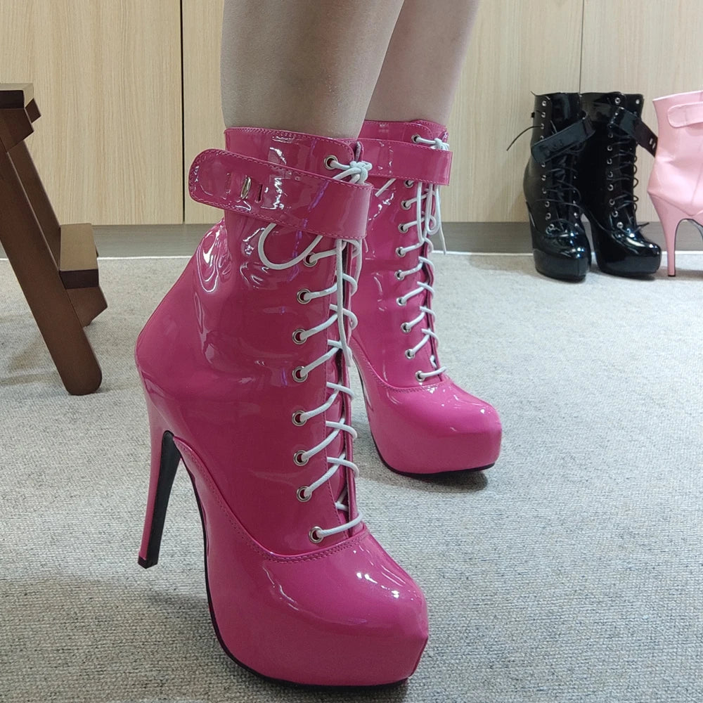 15cm Lace-Up Platform Ankle Boots – Sexy Unisex High Heels with Padlock Detail