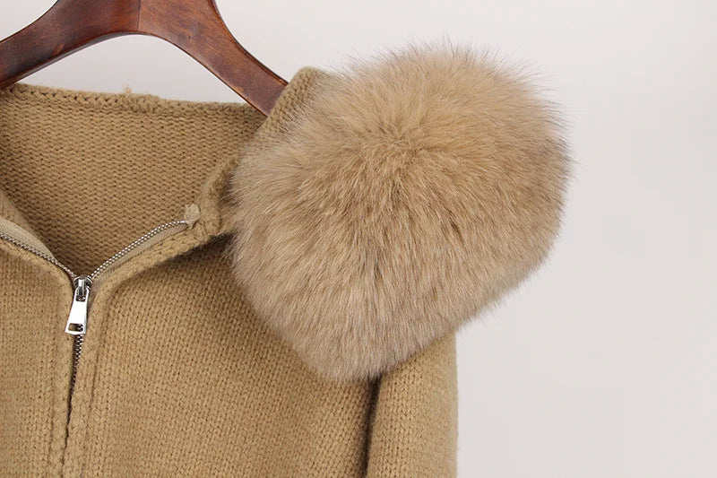 Real Fox Fur Hooded Sweater – Loose Knit Zipper Cardigan