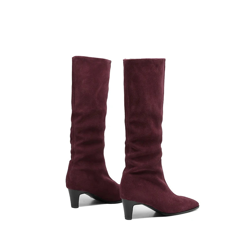 Cow Suede Knee-High Boots – Square Toe Thin High Heels