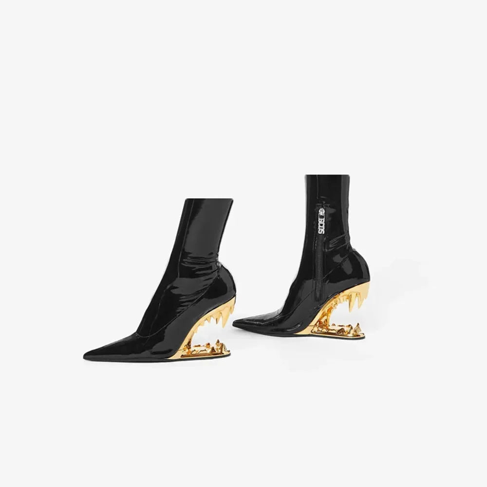 Tiger Teeth Heel Boots – Women’s High Fashion Mid-Calf Stretch Boots