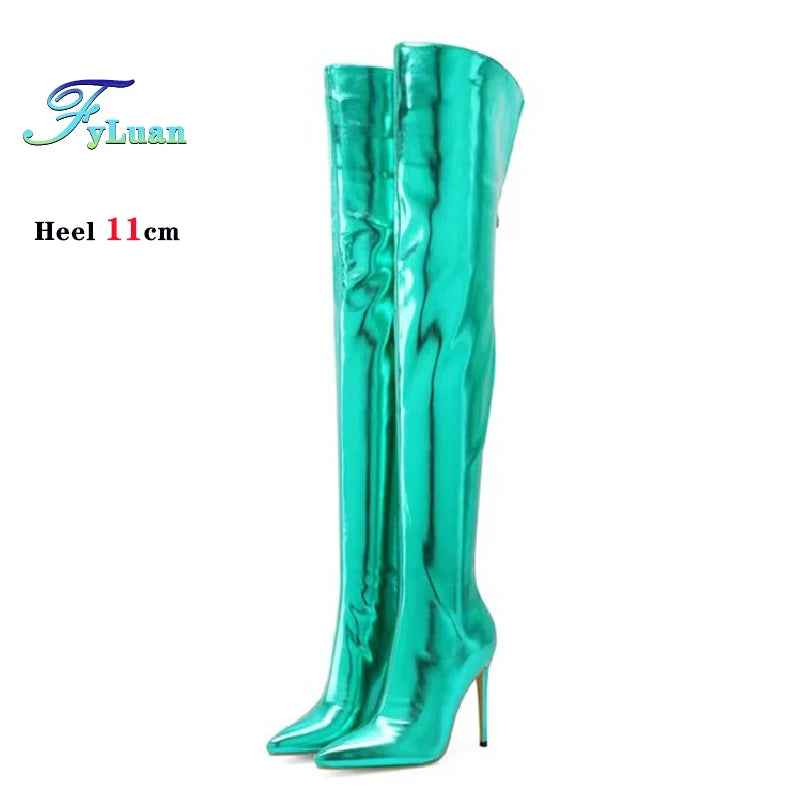Fyluan Women’s Shiny Gold Over-the-Knee Boots – 11cm High Heels, Pointed Toe