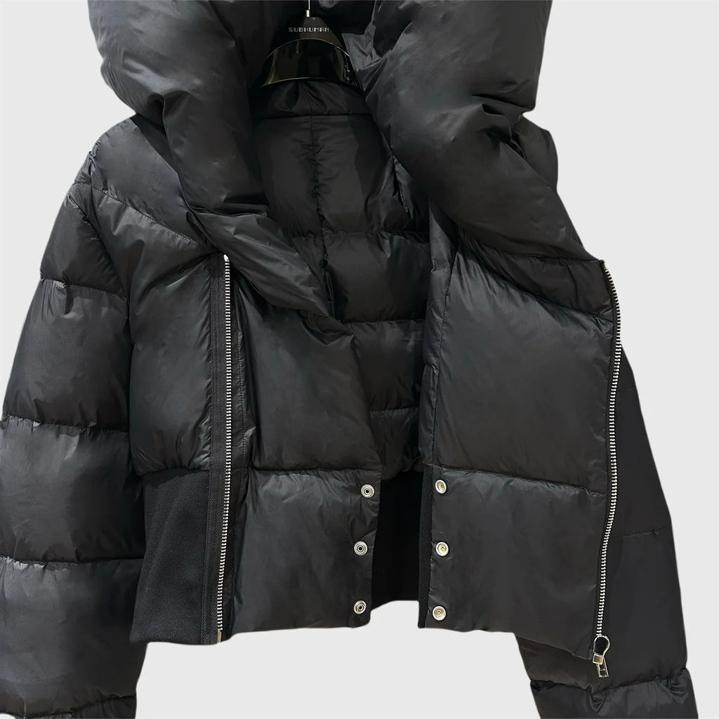 HKSH Asymmetrical Short Down Jacket – Stand Collar Dark Style Winter Coat for Women