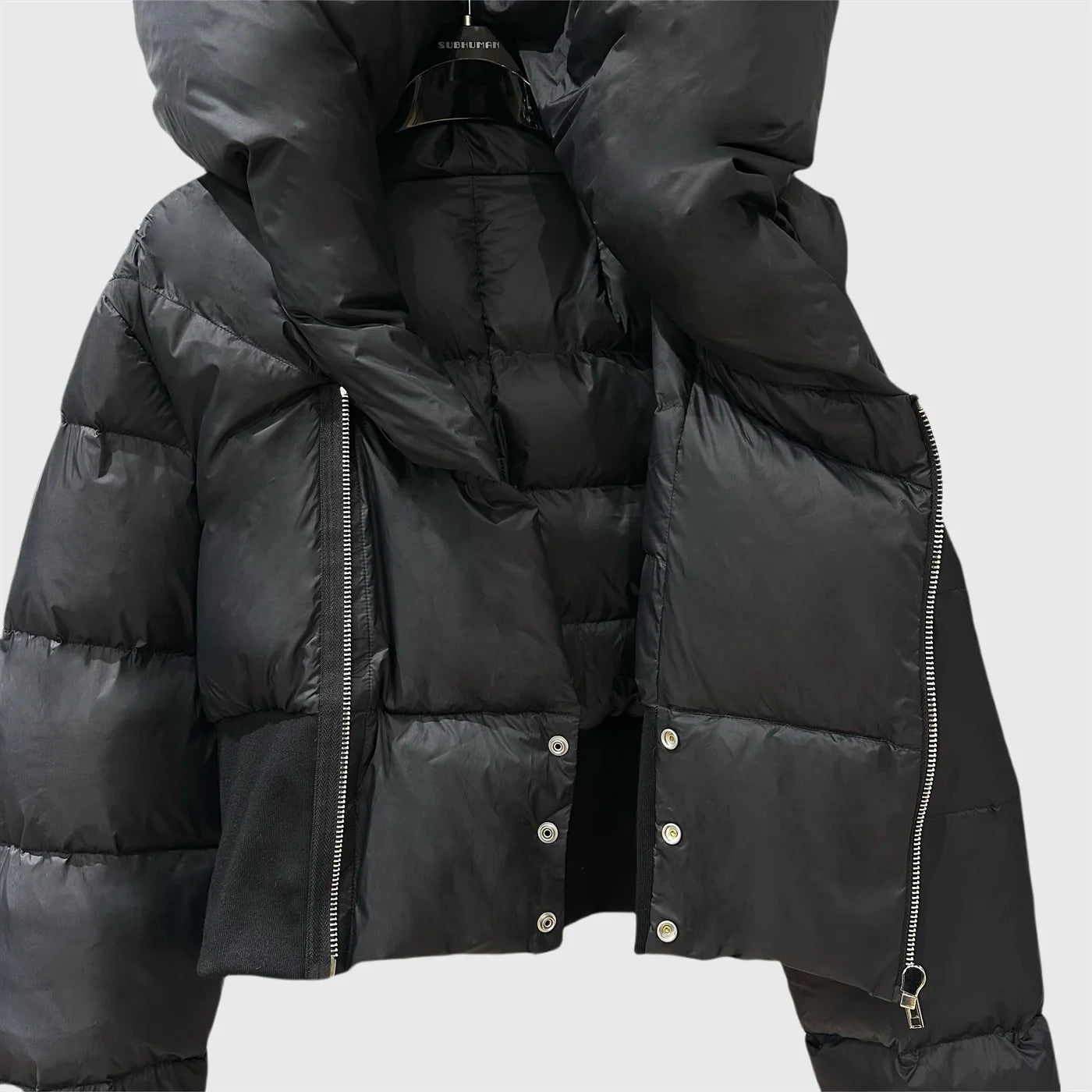 HKSH Asymmetrical Short Down Jacket – Stand Collar Dark Style Winter Coat for Women