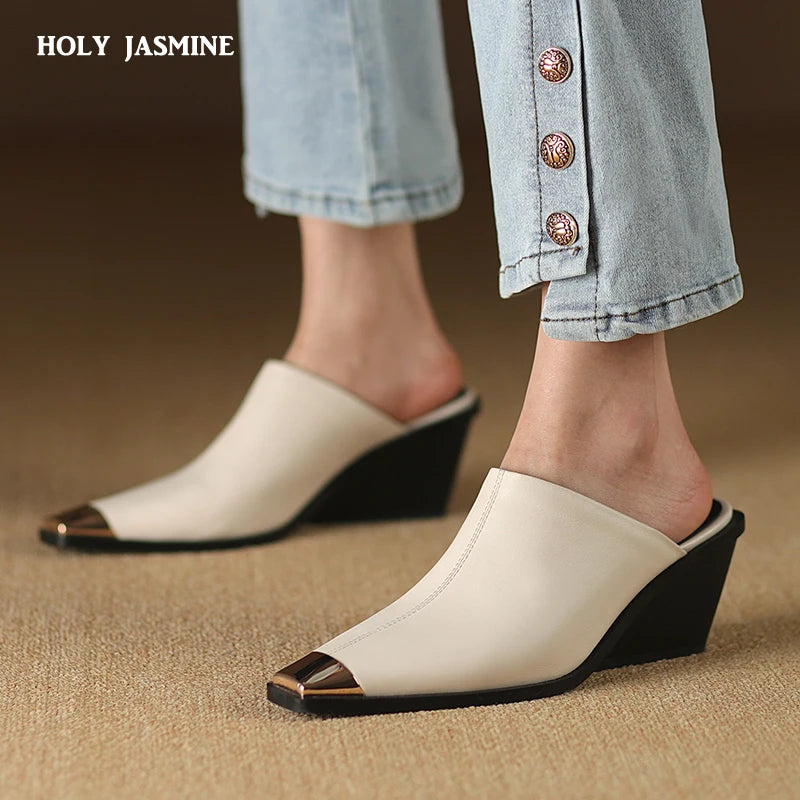 HOLY JASMINE Women’s Genuine Leather Metal-Head Mules – Summer Medium Wedge Heels