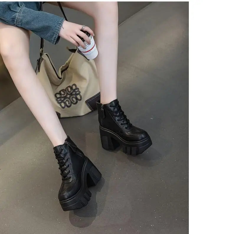 TuoYAO Genuine Leather Platform Ankle Boots