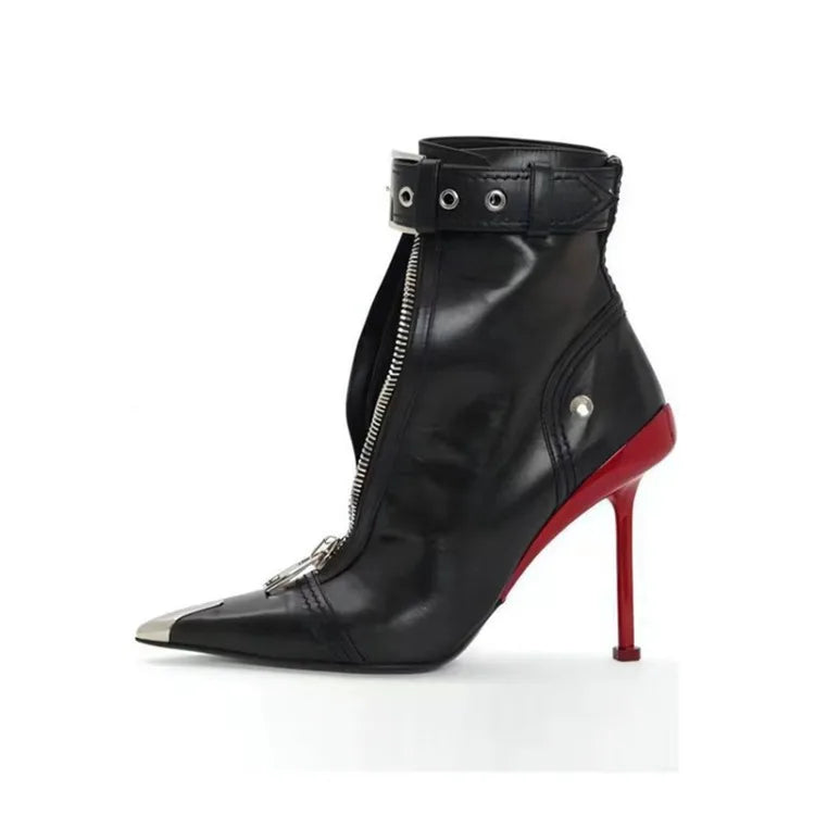 Pointed Ankle Boots – Belt Buckle & Front Zipper,