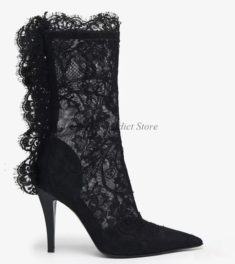 Bondarenko Sexy Lace Embroidered Ankle Boots – Pointed Toe High Heel Designer