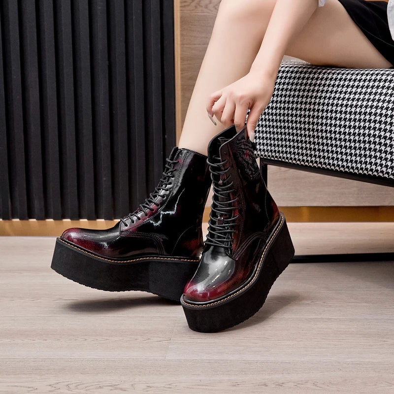 Women’s Genuine Leather Ankle Boots – Retro Lace-Up High-Heel Platform Short Boots