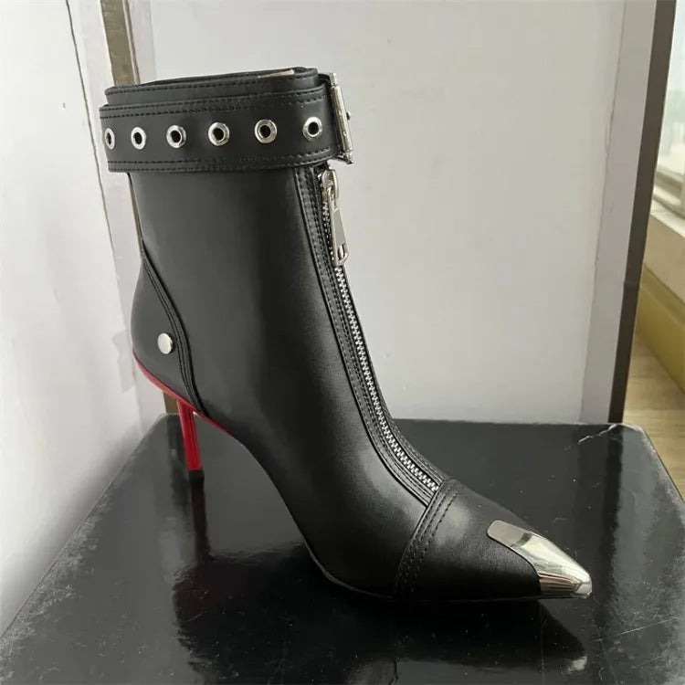 Pointed Ankle Boots – Belt Buckle & Front Zipper,