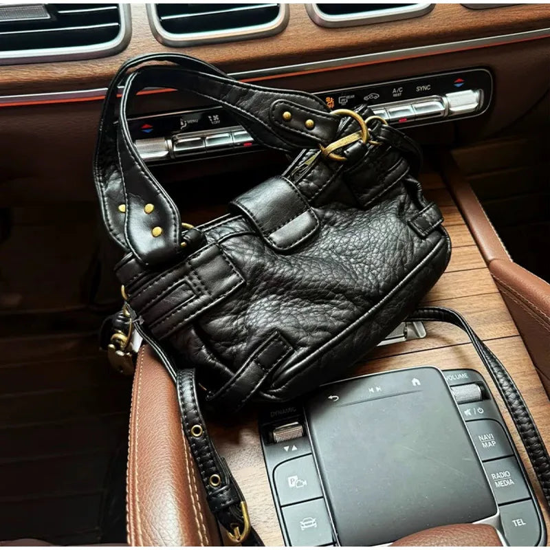 Y2K Motorcycle Handbag – Retro Leopard Print Distressed PU Leather Bag for Women