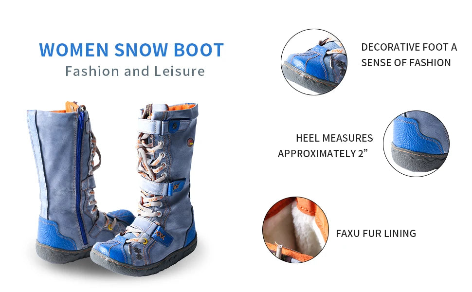 TMA EYES Washed PU Leather Flat Winter Boots – Warm Plush Lining, Mid-Calf