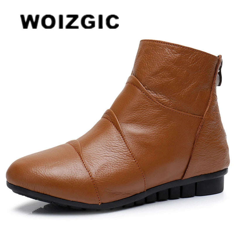 WOIZGIC Women’s Genuine Leather Platform Ankle Boots Zipper Warm Plush Autumn Winter
