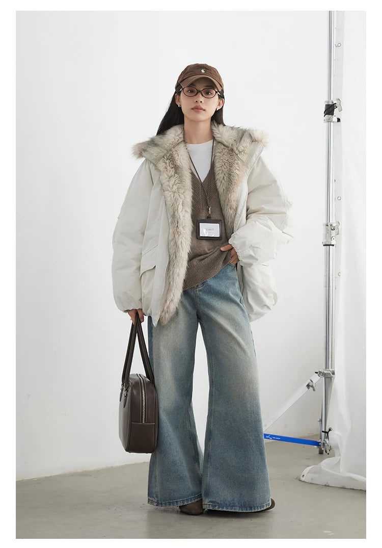 Korean Women’s Down Coat – Loose Hooded Jacket with Faux Fur Collar, 90% White Duck Down, Autumn/Winter 2025