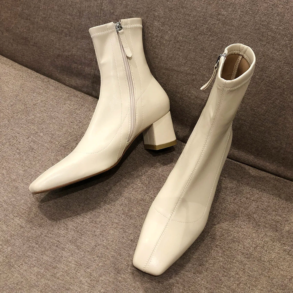 Diane Lockhart Square Toe Elastic Ankle Boots – Chic Thick-Heeled Bare Booties for Women