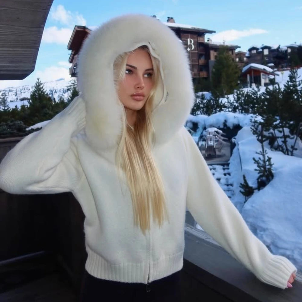 Real Fox Fur Hooded Sweater – Loose Knit Zipper Cardigan