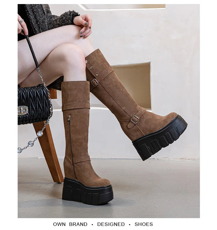 Motorcycle Boots – Microfiber & Synthetic Leather Platform Wedges, Spring/Autumn