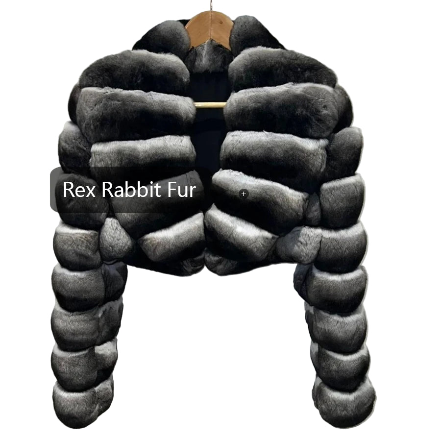 Black and gray Rex Rabbit Fur garment on a mannequin against a white background