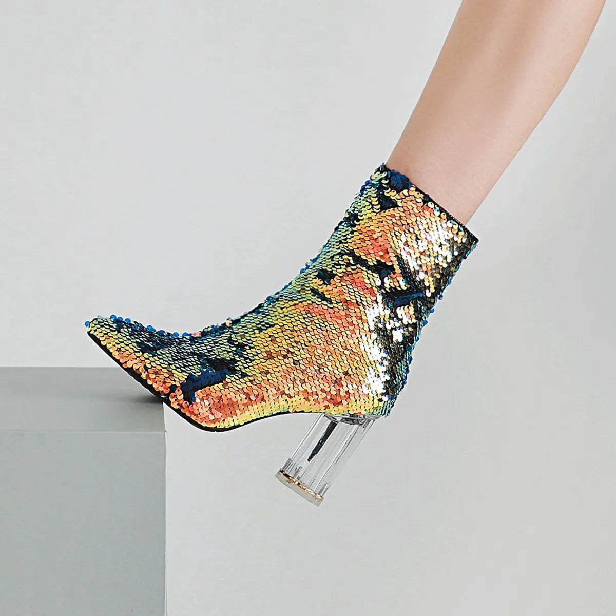 Sequined Short Boots – Women’s Bling Chunk Heel Pointed Toe Ankle Booties