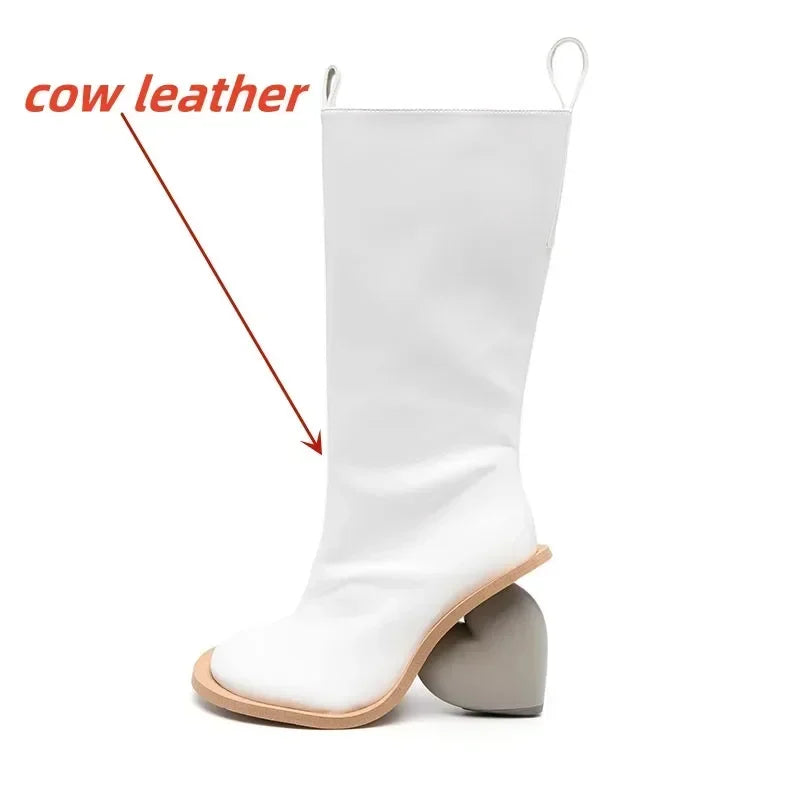 2024 Genuine Leather Mid-Calf Boots for Women – Round Toe High Heels