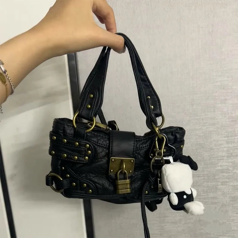 Y2K Motorcycle Handbag – Retro Leopard Print Distressed PU Leather Bag for Women