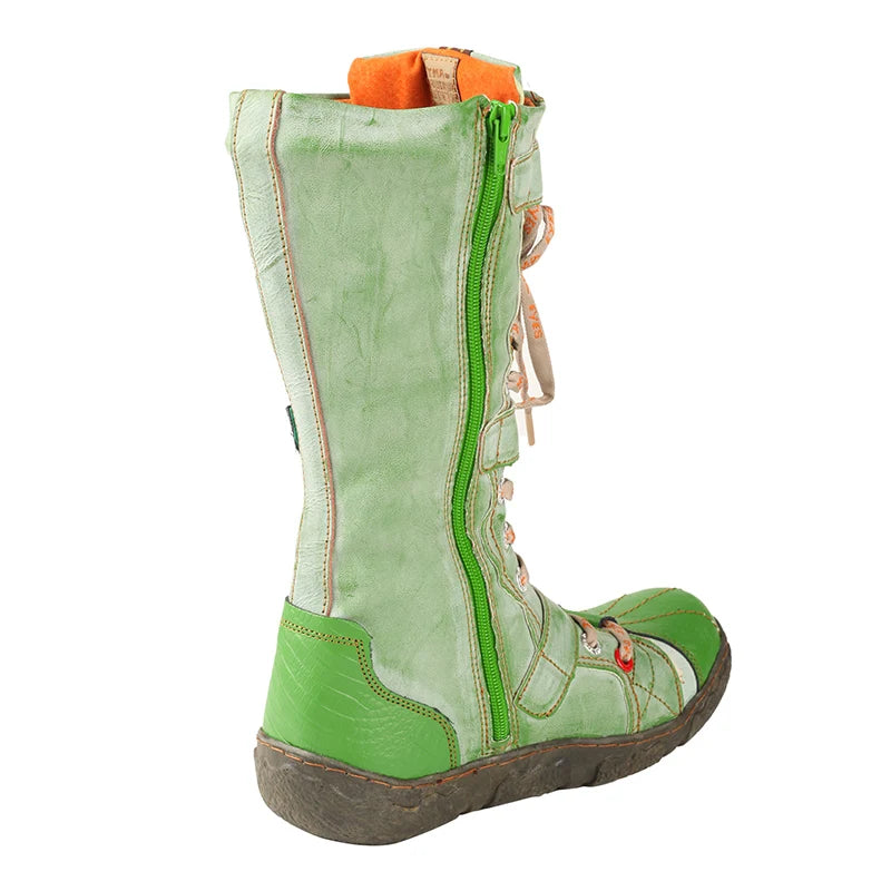 TMA EYES Washed PU Leather Flat Winter Boots – Warm Plush Lining, Mid-Calf