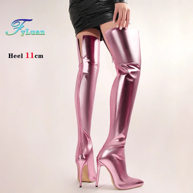 Fyluan Women’s Shiny Gold Over-the-Knee Boots – 11cm High Heels, Pointed Toe