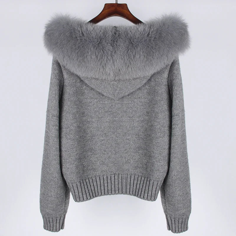 Real Fox Fur Hooded Sweater – Loose Knit Zipper Cardigan