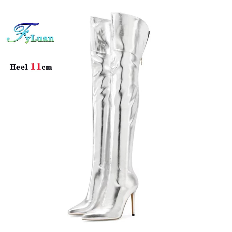 Fyluan Women’s Shiny Gold Over-the-Knee Boots – 11cm High Heels, Pointed Toe