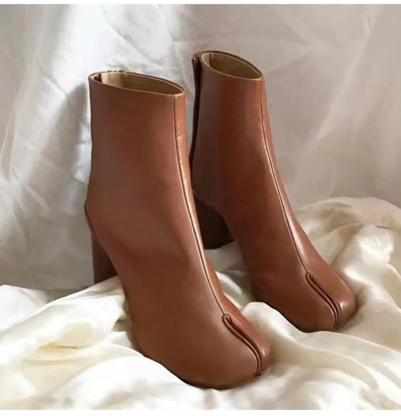 Women’s Split-Toe Tabi Ankle Boots – Chunky High Heel Chelsea Short Booties