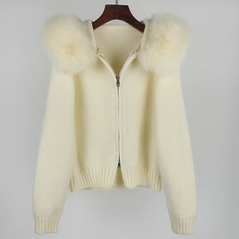 Real Fox Fur Hooded Sweater – Loose Knit Zipper Cardigan