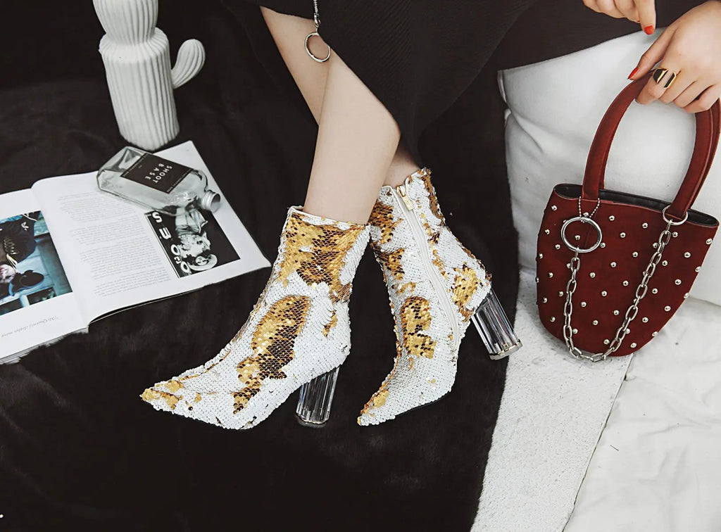 Sequined Short Boots – Women’s Bling Chunk Heel Pointed Toe Ankle Booties
