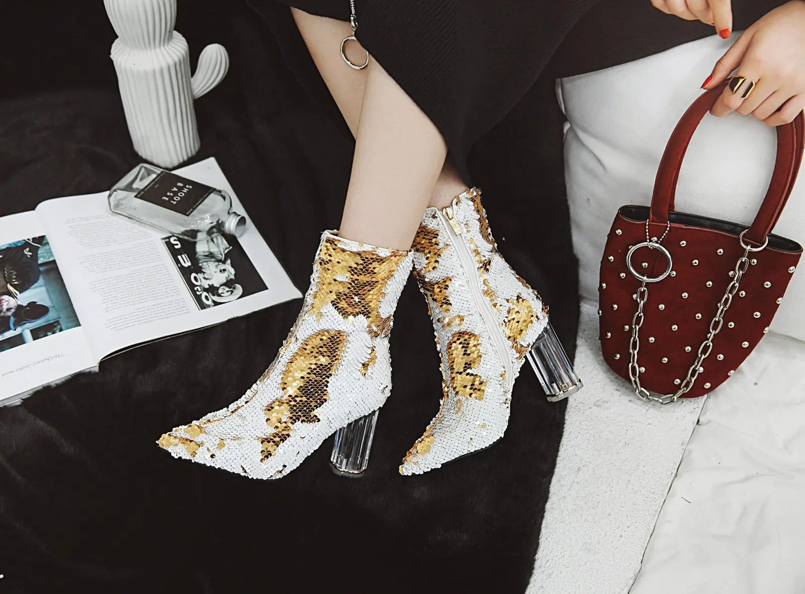 Sequined Short Boots – Women’s Bling Chunk Heel Pointed Toe Ankle Booties