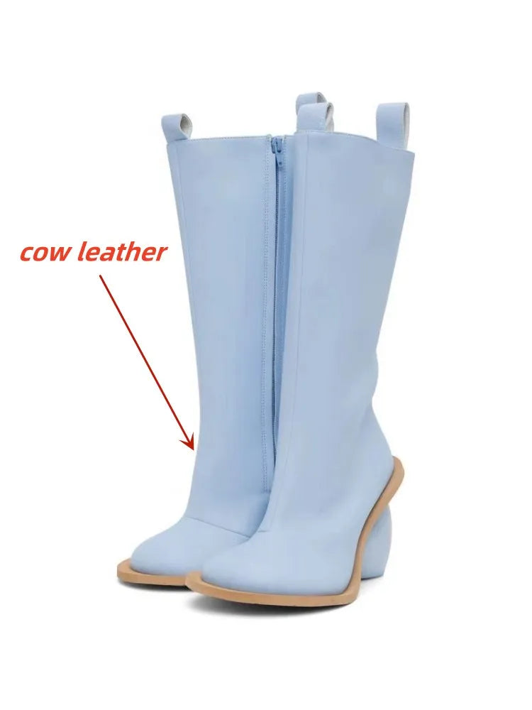 2024 Genuine Leather Mid-Calf Boots for Women – Round Toe High Heels