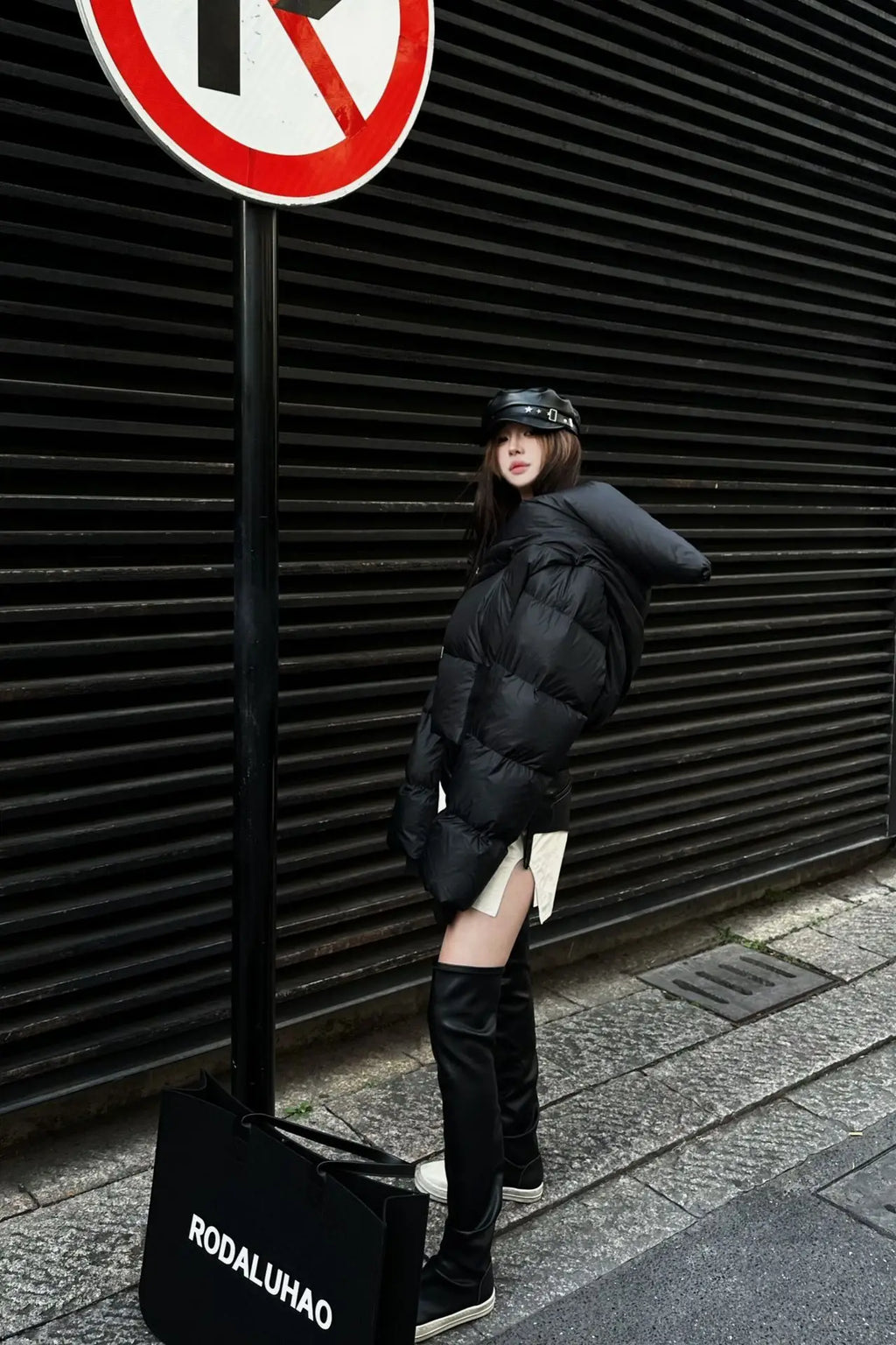 HKSH Asymmetrical Short Down Jacket – Stand Collar Dark Style Winter Coat for Women