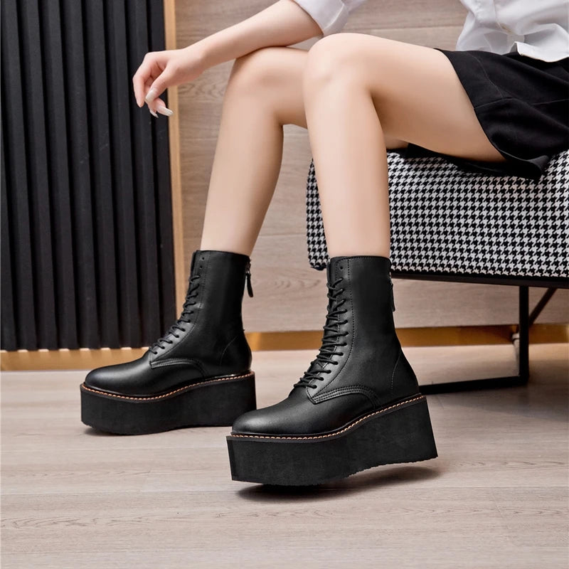 Women’s Genuine Leather Ankle Boots – Retro Lace-Up High-Heel Platform Short Boots