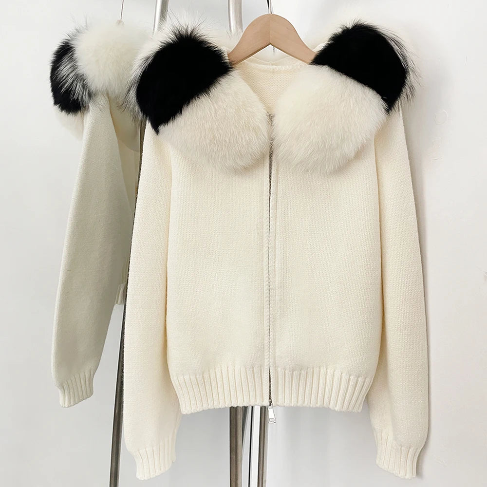 Real Fox Fur Hooded Sweater – Loose Knit Zipper Cardigan