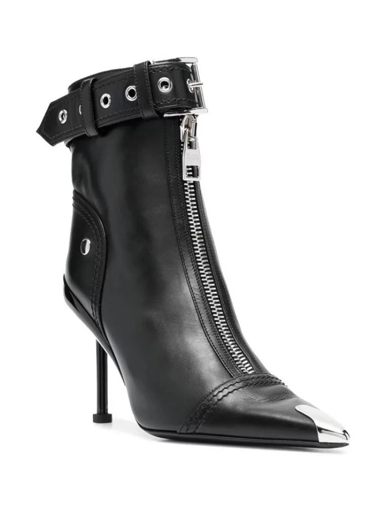 Pointed Ankle Boots – Belt Buckle & Front Zipper,