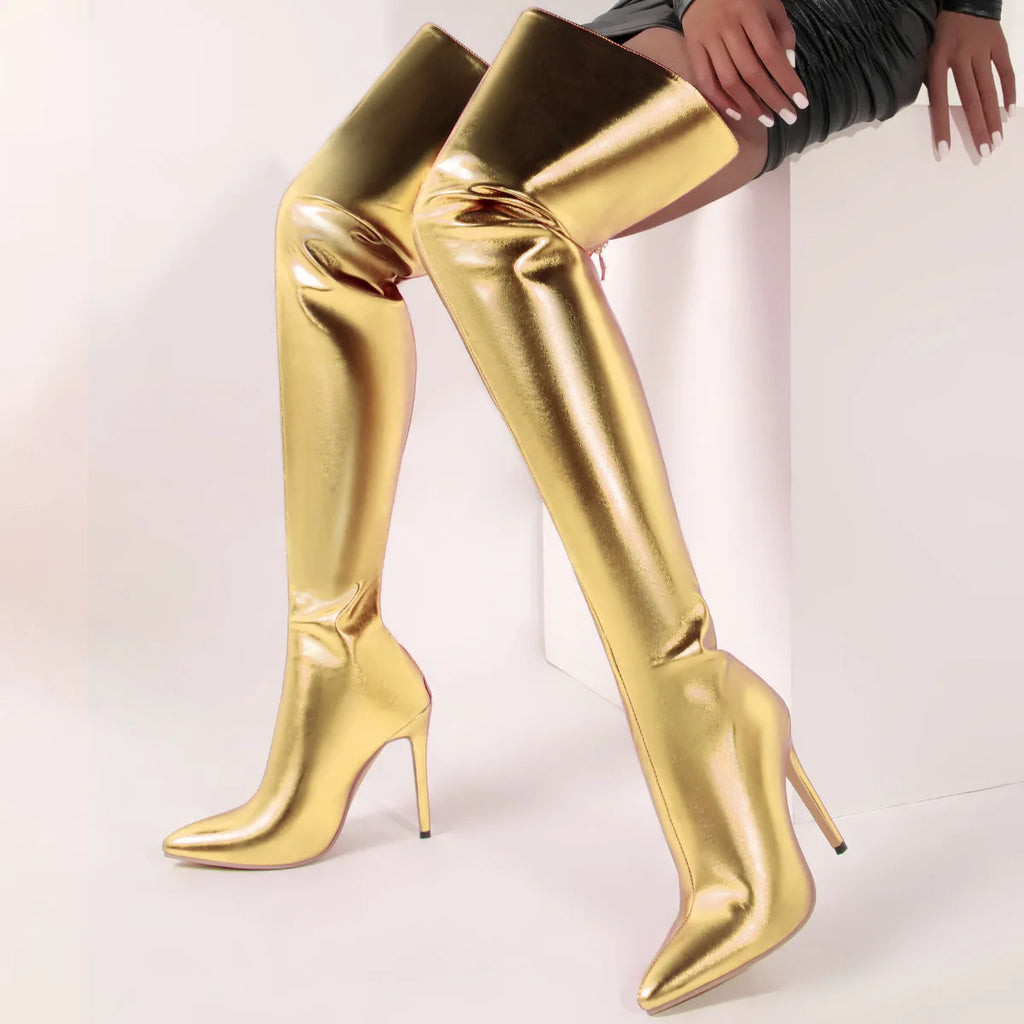 Fyluan Women’s Shiny Gold Over-the-Knee Boots – 11cm High Heels, Pointed Toe