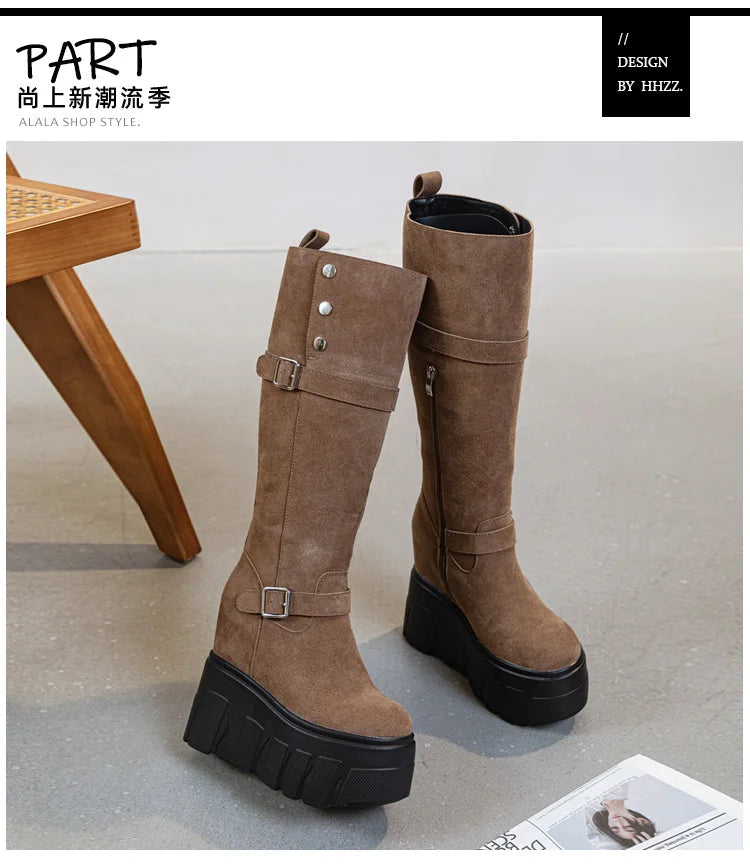 Motorcycle Boots – Microfiber & Synthetic Leather Platform Wedges, Spring/Autumn