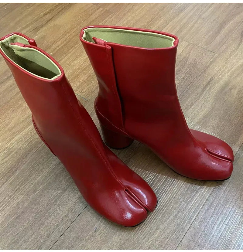 Women’s Split-Toe Tabi Ankle Boots – Chunky High Heel Chelsea Short Booties