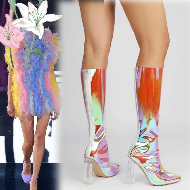 Sexy Pointed Crystal Transparent Knee-High Boots