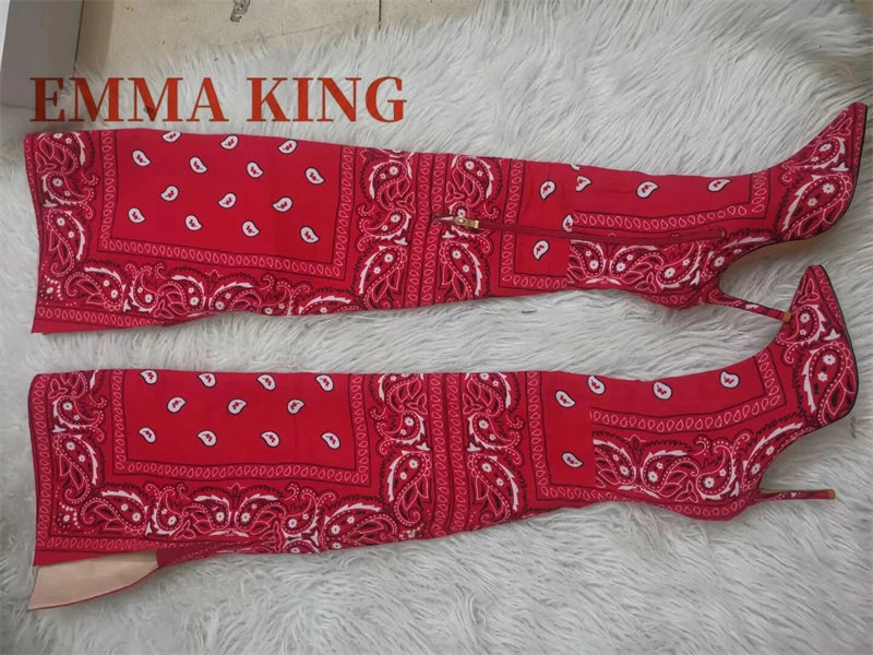 Thigh-High Bandana Print Boots – Sexy Pointed Toe Stiletto Heels