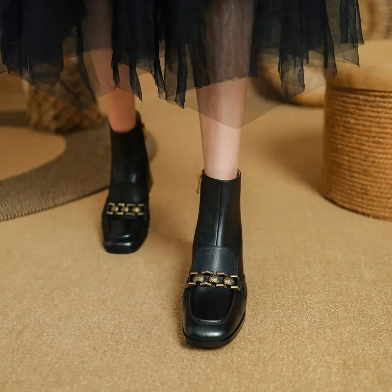 ASUMER Women’s Genuine Leather Ankle Boots – Zipper Square Mid Heels for Autumn & Winter